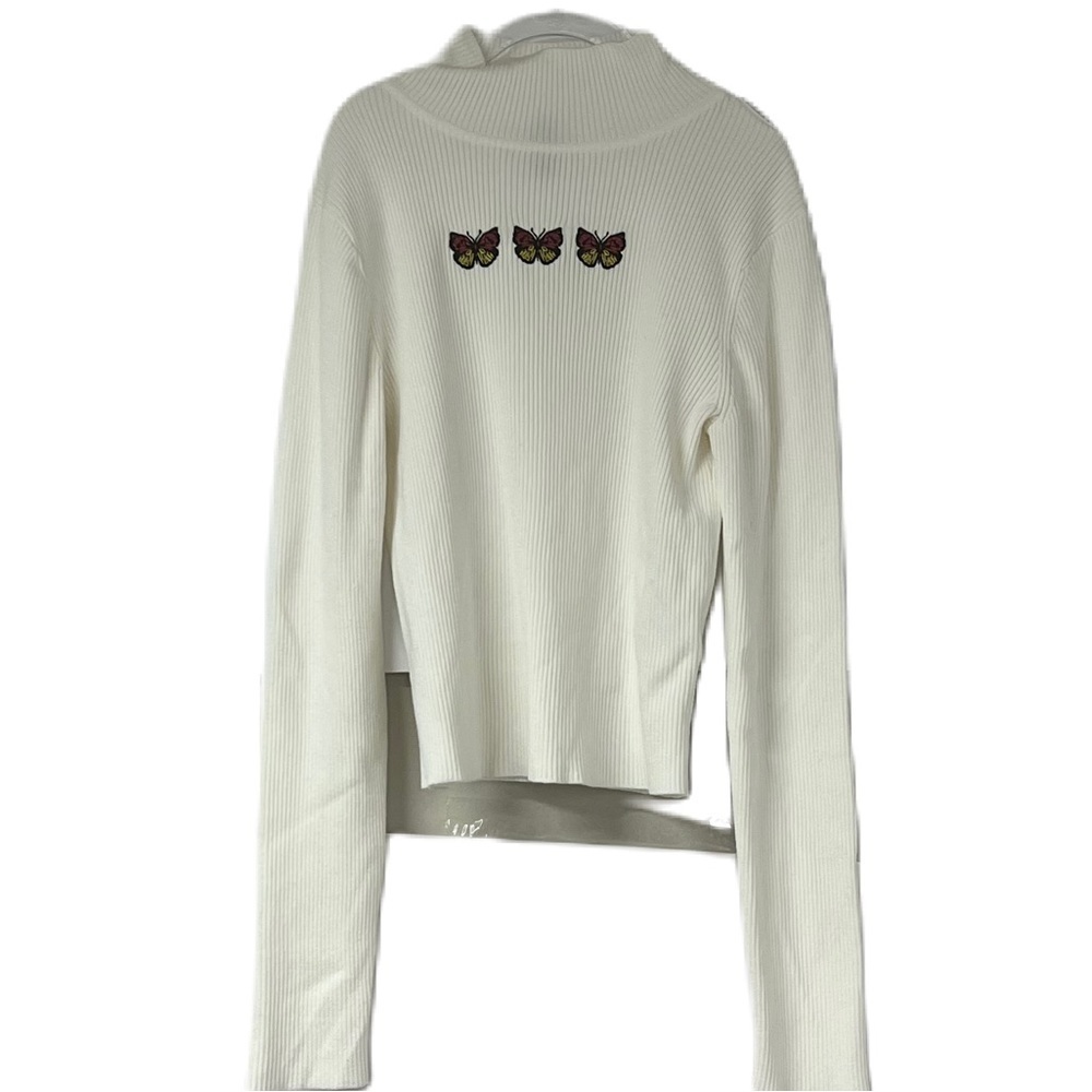 H&M divided woman’s white ribbed y2k 90s mock neck fitted butterfly sz med